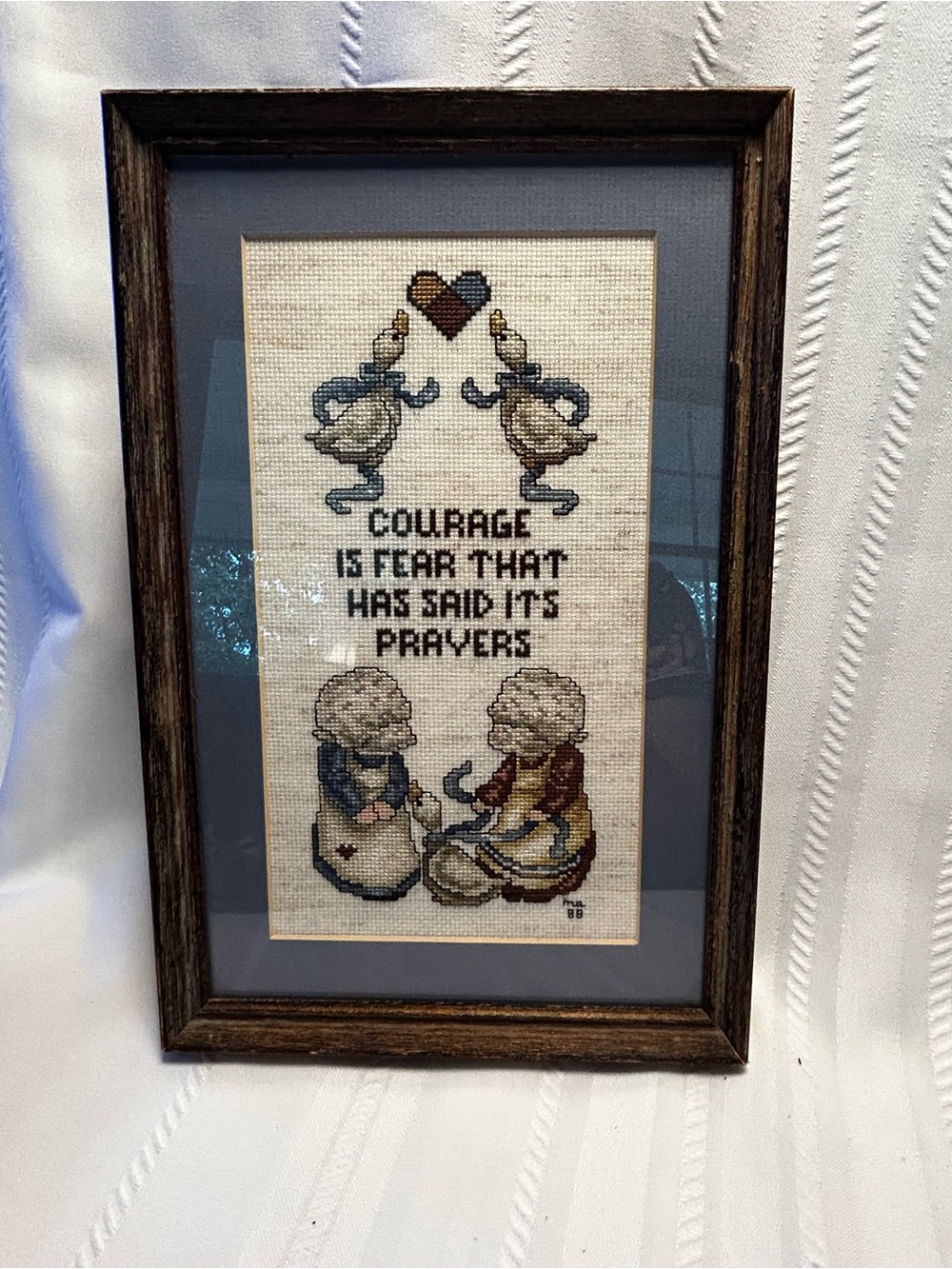 Vintage Country Cottage Corr Needlepoint Framed Prayer Geese Heart Ribbons Blue